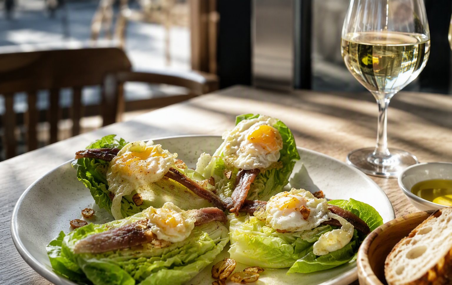 Lechuga con ajo, anchoa y huevo de codorniz